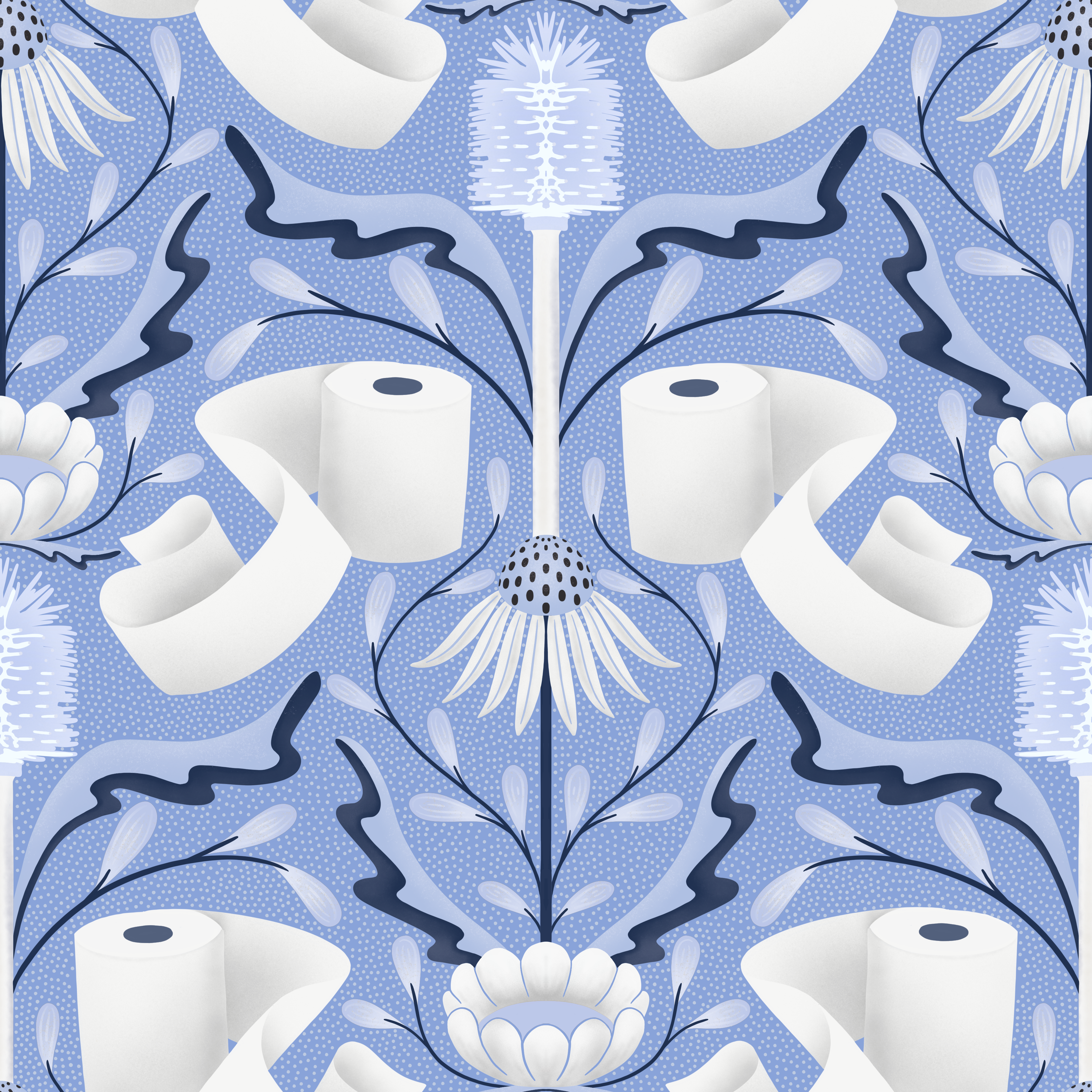 Pattern of toilet paper rolls and floral design on a blue background